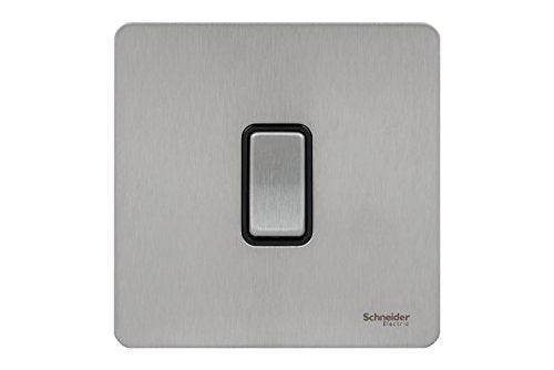 Schneider Electric Ultimate Screwless Flat Plate - Single Retractive 2 Way Light Switch, 16AX, GU1412RBSS, Stainless Steel with Black Insert