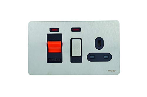 Schneider Ultimate Stainless Steel Screwless Flat Plate 45A + 13A Cooker Control Unit & Socket Black Insert - GU4401WPN