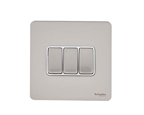 Schneider Electric Ultimate Screwless Flat Plate - 3 Gang Toggle 2 Way Light Switch, Single Pole, 16AX, GU1432WPN, Pearl Nickel with White Insert