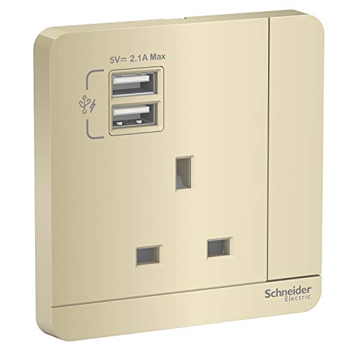 Schneider Electric E8315USB_WG_G12 AvatarOn Gold - Single 13A Socket combined 2 x USB ports 2.1 A