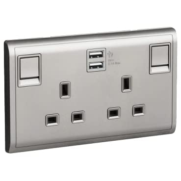 Schneider Electric Pieno - 13A Twin Gang Switched Socket with 2.1A USB, Aluminium Silver E82T25USB_AS_G12