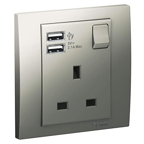 Schneider Electric KB15USB_AS Vivace Silver - Single 13A Socket combined 2 x USB ports 2.1 A