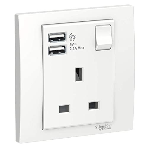 Schneider Electric KB15USB_WE Vivace White - Single 13A Socket combined 2 x USB ports 2.1 A