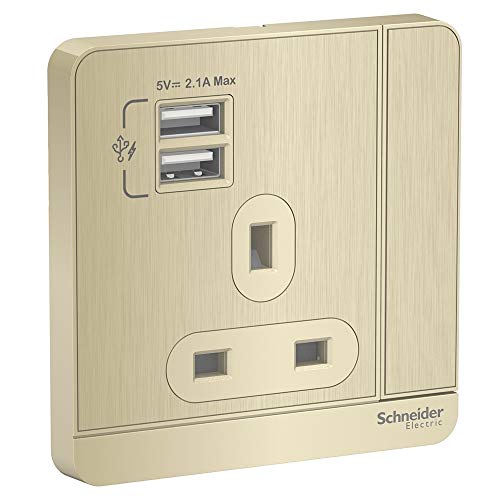 Schneider Electric AvatarOn E8315USB_GH_G12 Switched Socket 2 USB Charger 3P, 13A, 250V, Metal Gold Hairline