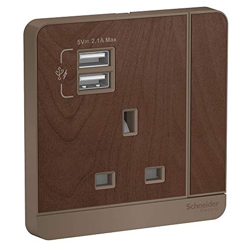 Schneider Electric AvatarOn E8315USB_WD_G12 switched socket 2 USB Charger 3P 13A 250V Wood