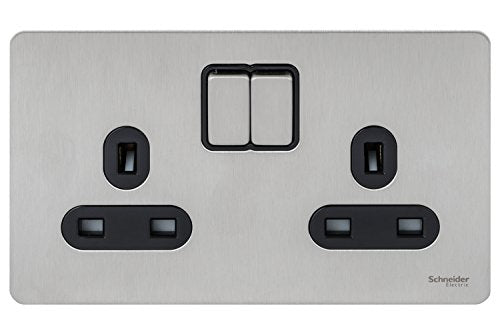 Schneider Electric GU3420-BSS 2-Gang 13A Ultimate Screwless Flat Plate Switched Socket, Stainless steel with Black