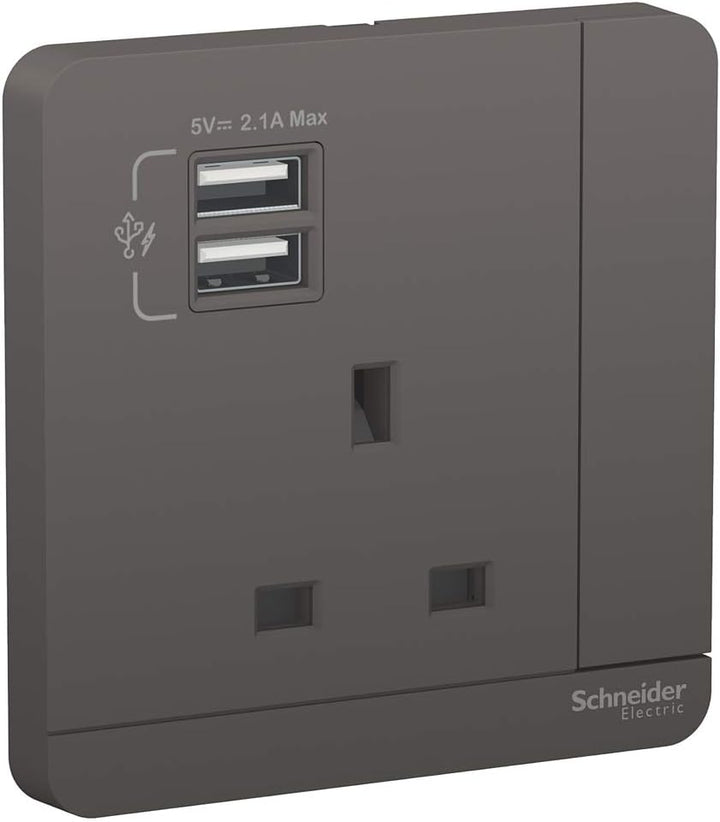 Schneider Electric Avataron E8315USB_MB_G12 Switched Socket 2 Usb Charger 3p 13a 250v Matt Black