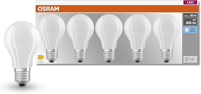 Osram LED BASE Classic A60 8.5W Cool White 4000K – E27 LED Bulb (806 lm) – Box of 5 – Replaces 60W Bulbs