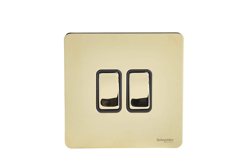 Schneider Electric GU1422BPB 2 Gang 1-Pole 2-Way Ultimate Screwless Flat Plate Switch, Polished Brass with Black Interior