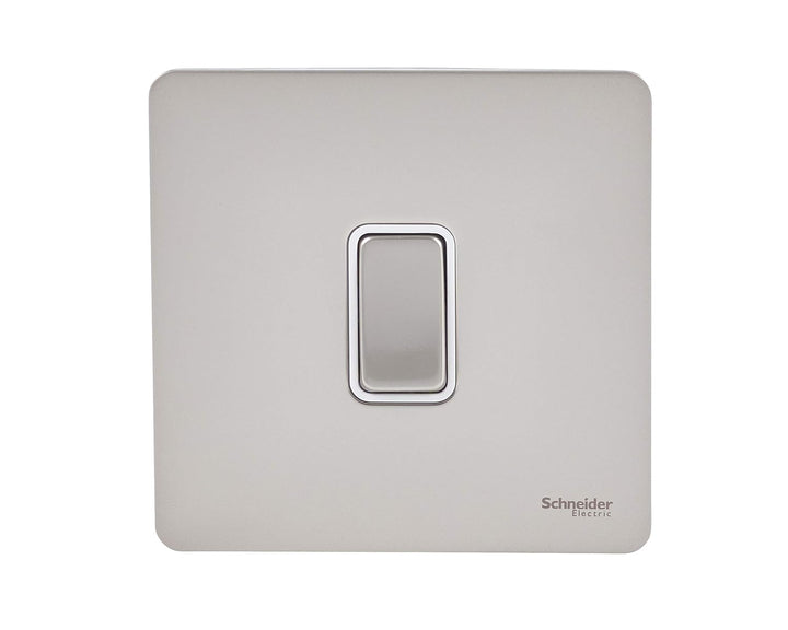 Schneider Electric Ultimate Screwless Flat Plate - Single Rocker 2 Way Light Switch, Single Pole, 16AX, GU1412WPN, Pearl Nickel with White Insert