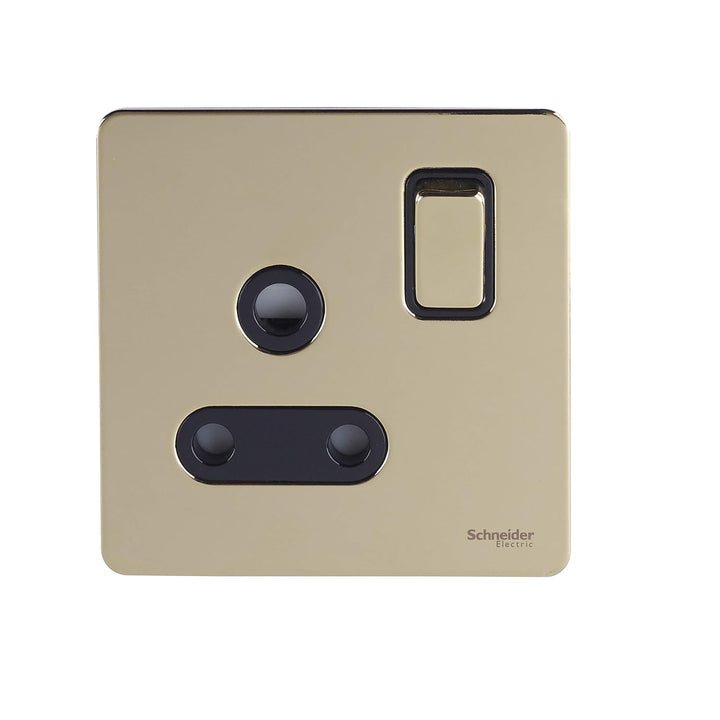 Schneider Electric GU3490-BPB Ultimate Screwless 1-Gang 15A Round Pin Flat Plate Switched Socket, Polished Brass with Black