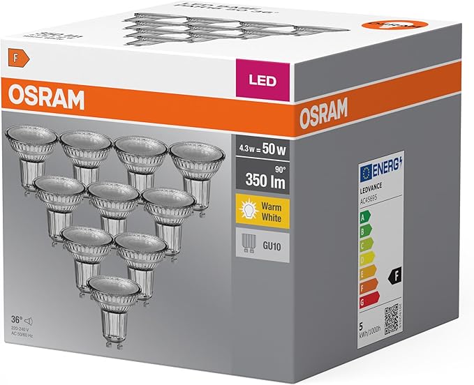 OSRAM LED Base PAR16 GU10 LED Reflector Lamp, 4.3W (50W Equivalent), Warm White 2700K, Pack of 10