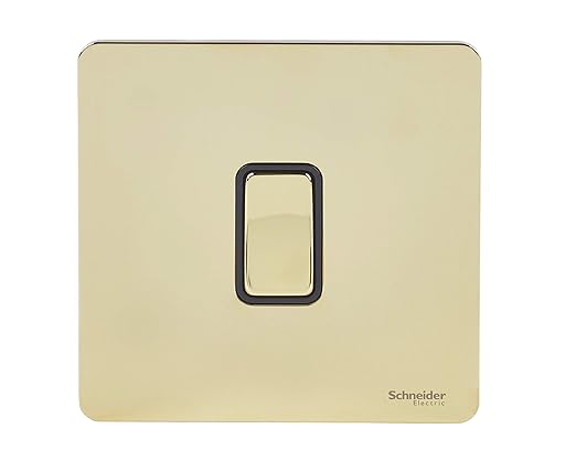 Schneider Electric GU1412BPB Ultimate Polished Brass Screwless 16AX 1 Gang 2 Way Single Light Switch Black Insert