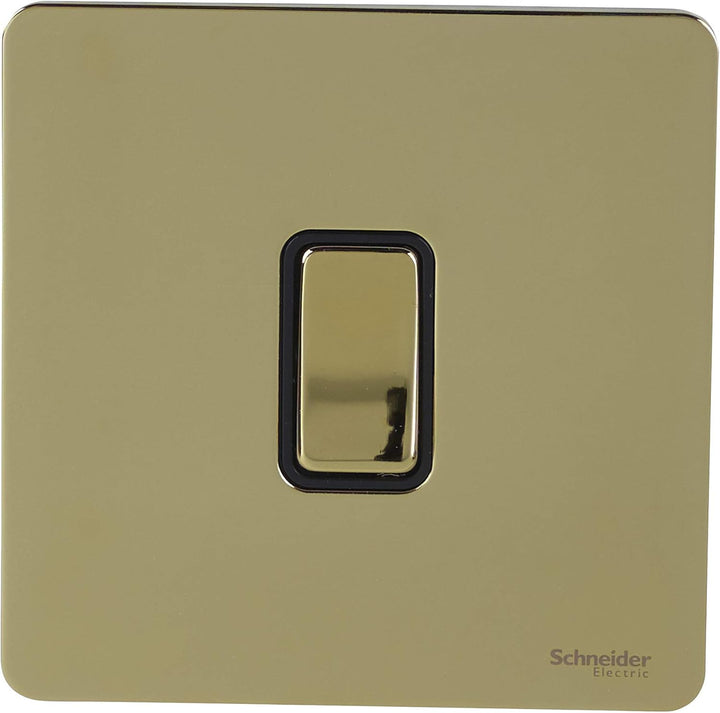 Schneider Gu1412R-BPB Electric Ultimate Polished Brass Screwless 10A 1 Gang 2 Way Flat Plate Retractive Bell Switch Black Insert