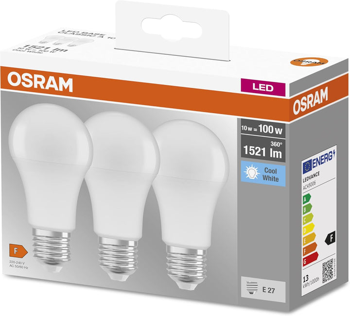 Osram LED Lamp/E27 Base/Cool White 4000 K/Replaces 100 W Incandescent Bulbs/14.00 W/Frosted/LED Base Clas a Pack of 3, 4058075819559, Set of 3/14 W