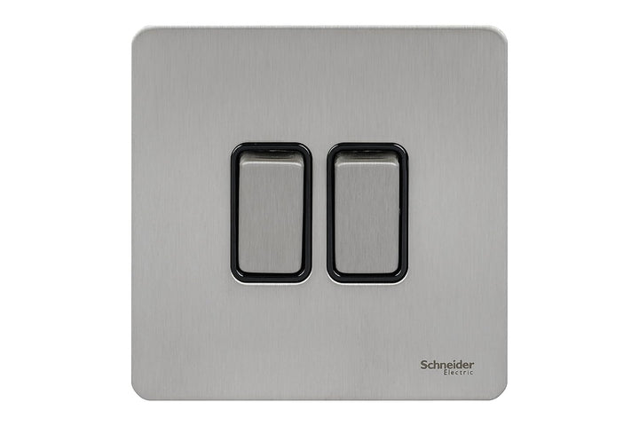 Schneider Gu1422BSS Ultimate Stainless Steel Screwless 16Ax 2 Gang 2 Way Double Light Switch Black Insert