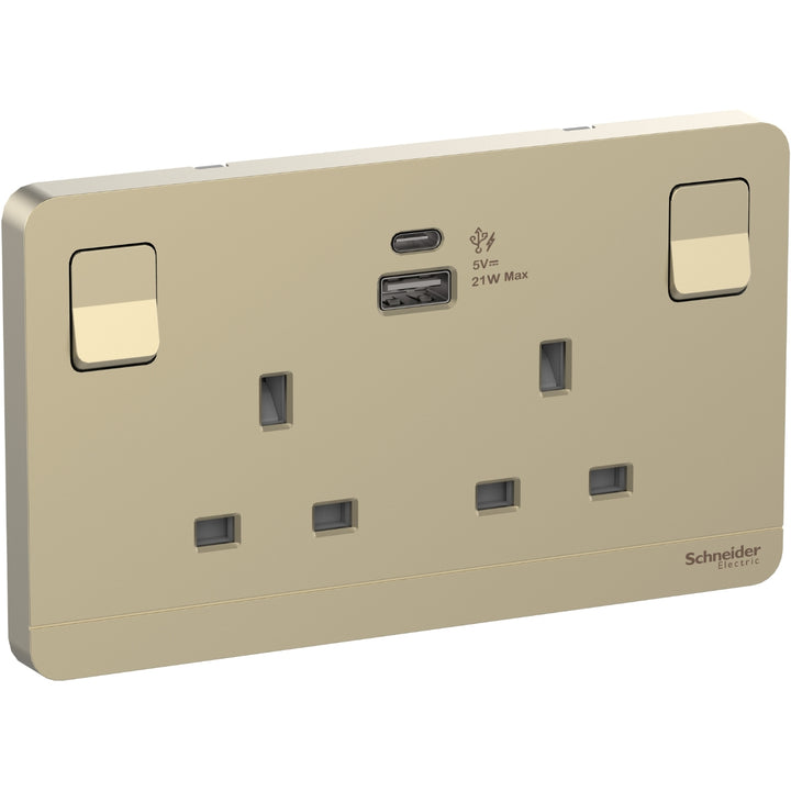 Schneider Electric Switched Socket With USB Charger, AvatarOn, 21W Type A+C, 2 Gang, 13A, Dark Grey/ Wine Gold/ Wood Dark E83T25ACUSB