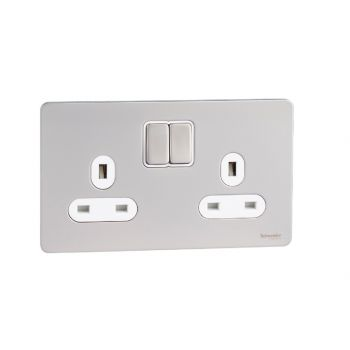 Schneider GU3420WPN Electric Ultimate Pearl Nickel Screwless Flat Plate 13A 2 Gang 2 Way Double Switched Socket White Insert