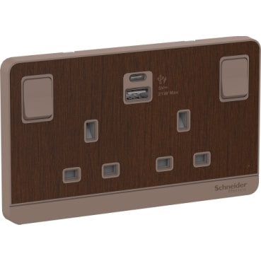 Schneider Electric Switched socket with USB charger, Avataron, 21W type A+C, 2 gang, 13A, Wood Dark- E83T25ACUSB_DG_G12