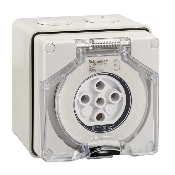Schneider Electric WPS Socket-Outlet, 20A, 500V, 3-Phase, 5-Pole, Round Pin, IP66 - S56SO520GY