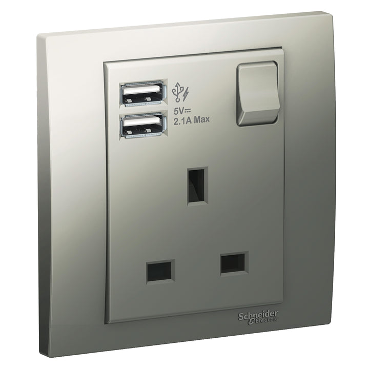 Schneider Electric 13A 1 Gang Switched Socket with 2.1A USB, Aluminium Silver - KB15USB_AS_G12