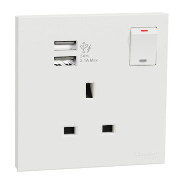 Schneider Electric Switch Socket, AvatarOn C, 13A, 1 gang, 2.1A two port USB, white - E8715USB_WG