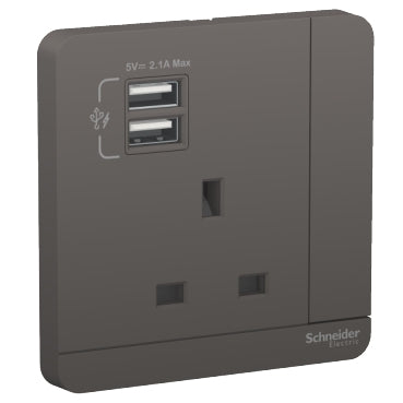 Schneider ElectricAvatarOn, 2 USB charger + switched socket, 3P, 13A, Dark Grey E8315USB_DG_G11