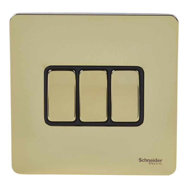 Schneider Electric GU1432BPB 3 Gang 1-Pole 2-Way Ultimate Screwless Flat Plate Switch, Polished Brass with Black Interior