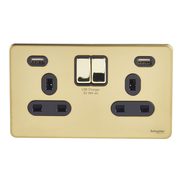 Schneider Electric Ultimate 2-Gang Switched Socket with 2 USB Chargers, Polished Brass & Black – GGBGU3424DBPB