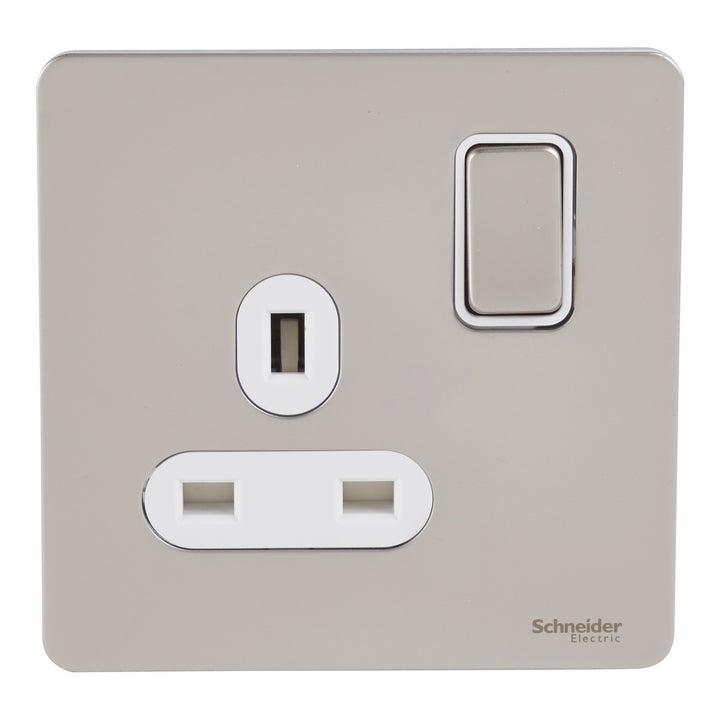 Schneider Electric Switched socket, Ultimate Screwless flat plate, 1P, screw terminal, IP20, pearl nickel - GU3410-WPN