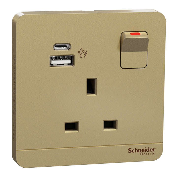 Schneider Electric Switched socket with USB charger, Avataron, 21W type A+C, 13A, Wine gold - E8315DACUSB_WG