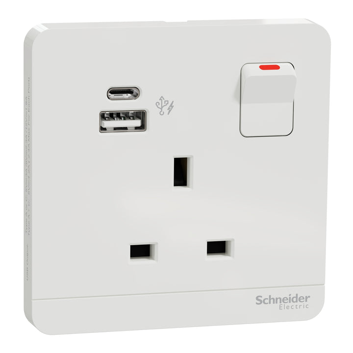 Schneider Electric Switched socket with USB charger, Avataron, 21W type A+C, 13A, White - E8315DACUSB_WE