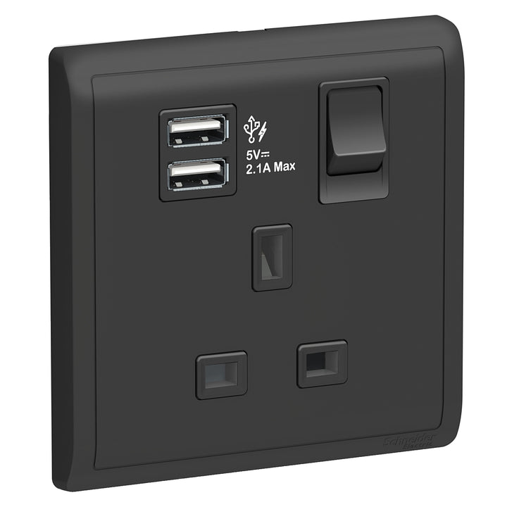 Schneider Electric 13A 1 Gang Switched Socket with 2.1A USB, Matt Black - E8215USB_MB_G12