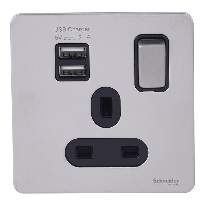 Schneider Electric Ultimate Screw Single Switched Socket with Dual USB, 13A, Stainless Steel & Black - GGBGU34102USBABSS