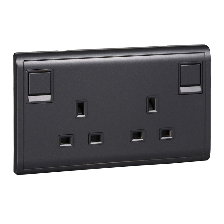 Schneider Electric 13A 250V 2Gang switched socket, Matt Black - E82T25N_MB_G1