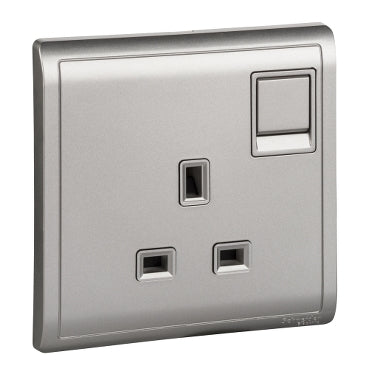 Schneider Electric Pieno 15A 250V 1 Gang switched socket,Aluminium Silver E8215_AS_G1