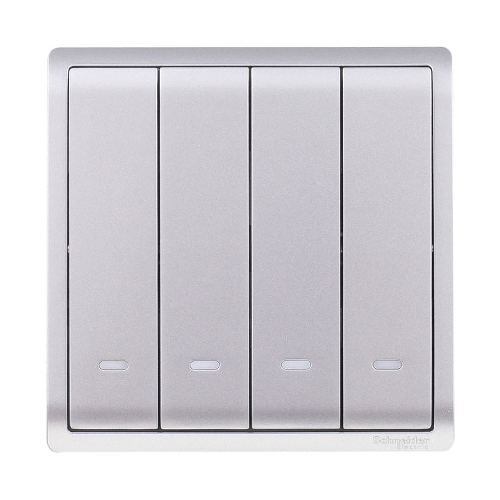 Schneider Electric Pieno 10AX 4-Gang 1-Way Switched with Fluorescent Locator, Aluminium Silver – E8234L1F_AS_G1