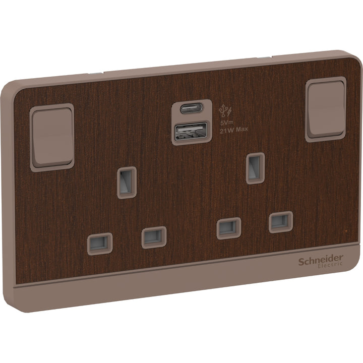 Schneider Electric Switched socket with USB charger, Avataron, 21W type A+C, 2 gang, 13A, Wine Gold - E83T25ACUSB_WG_G12