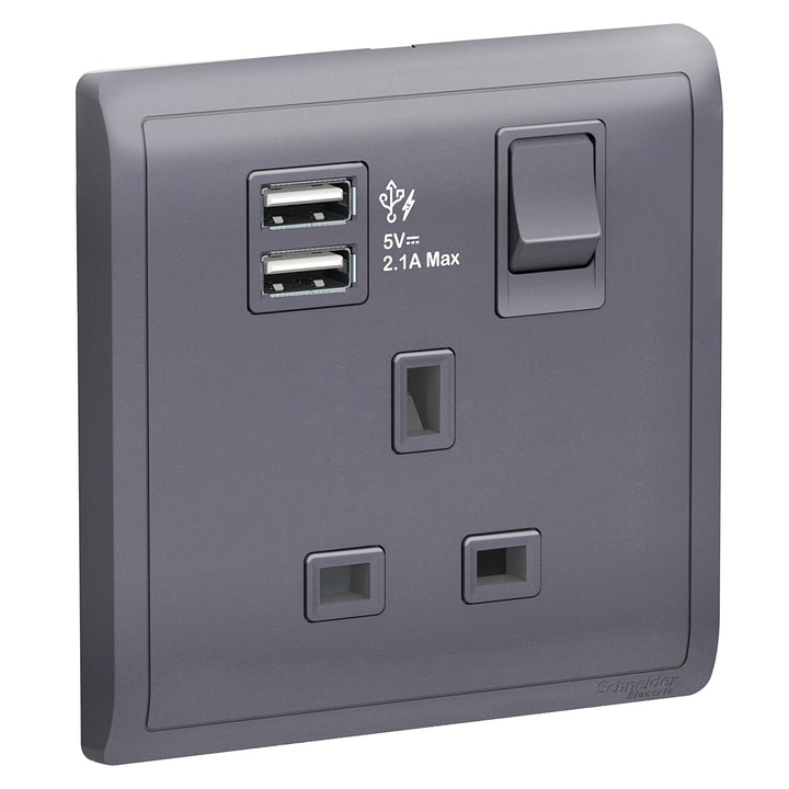 Schneider Electric Pieno 13A 1 Gang Switched Socket with 2.1A USB, Lavender Silver - E8215USB_LS_G11