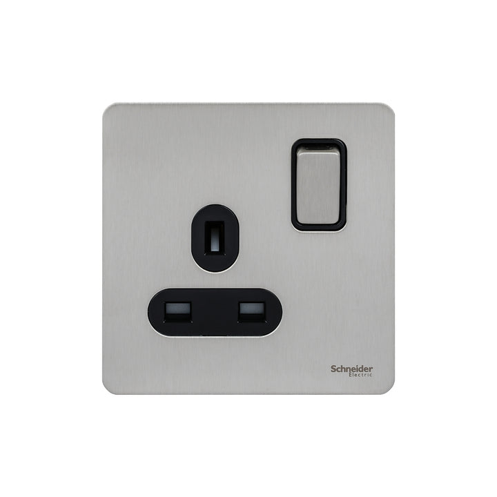 Schneider Electric Ultimate Screwless Flat Plate Switched Socket, 13A, 2P+E, Black & Stainless Steel - GU3410DBSS