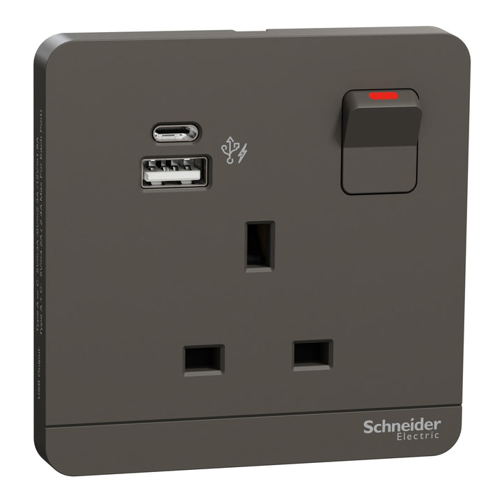 Schneider Electric Switched socket with USB charger, Avataron, 21W type A+C, 13A, Dark grey - E8315DACUSB_DG