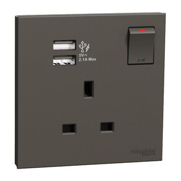 Schneider Electric Switch Socket, AvatarOn C, 13A, 1 gang, 2.1A two port USB, dark grey - E8715USB_WE