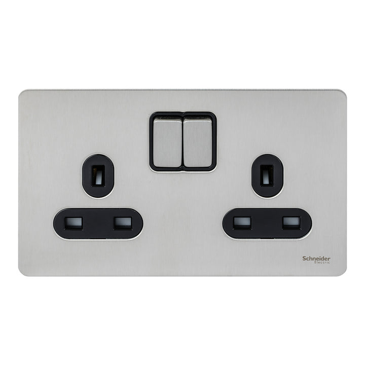 Schneider Electric Ultimate Screwless Flat Plate Double Switched Socket, 13A, Stainless Steel & Black - GU3420DBSS
