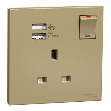 Schneider Electric Switch Socket, AvatarOn C, 13A, 1 gang, 2.1A two port USB, wine gold - E8715_WE