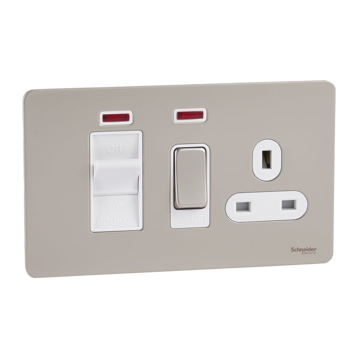 Schneider Electric GU4401WPN 45A Cooker Control Unit with Neon Ultimate Screwless Flat Plate Switch Socket, Pearl Nickel with White Insert