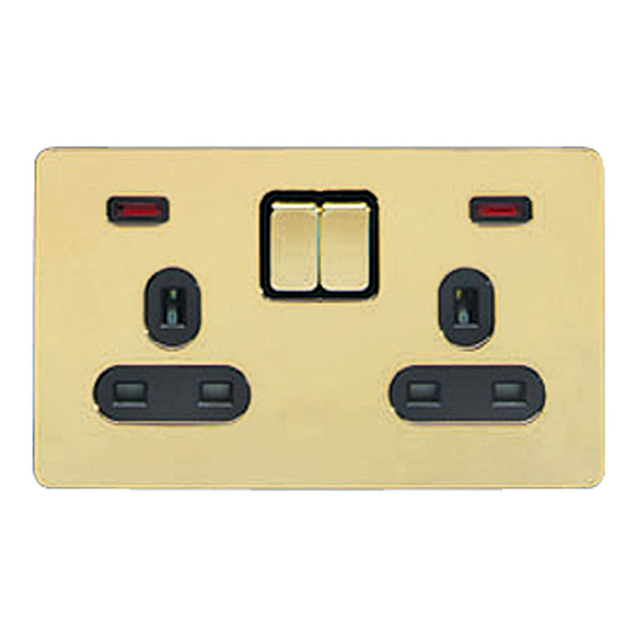 Schneider Electric Ultimate Screwless Flat Plate 2?Gang Switched Socket with Neon – Black & Polished Brass GU3421BPB