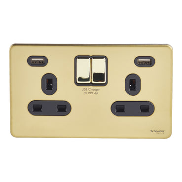 Schneider Electric Ultimate - Switched Socket 2 USB charger - 2 gang - 13A - polished brass - black - GGBGU3424DBPB