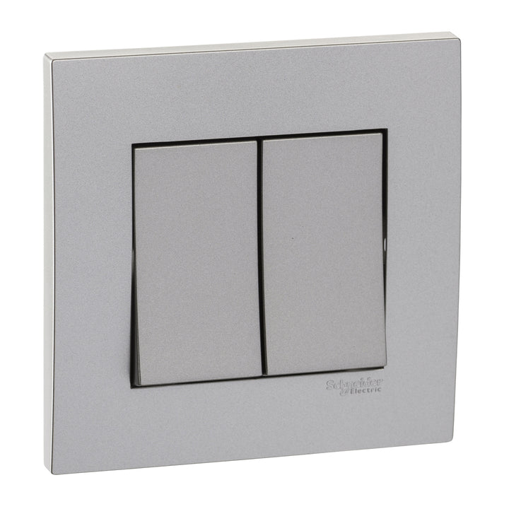 Schneider Electric Vivace 16AX 250V 2-Gang 1-Way Switch, Aluminium Silver - KB32_1_AS