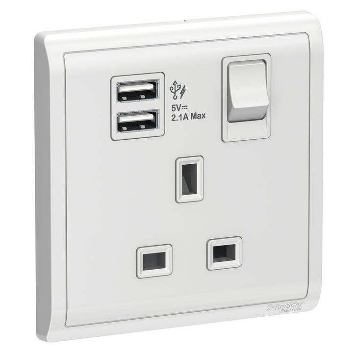 Schneider Electric 13A 1 Gang Switched Socket with 2.1A USB, White - E8215USB_WE