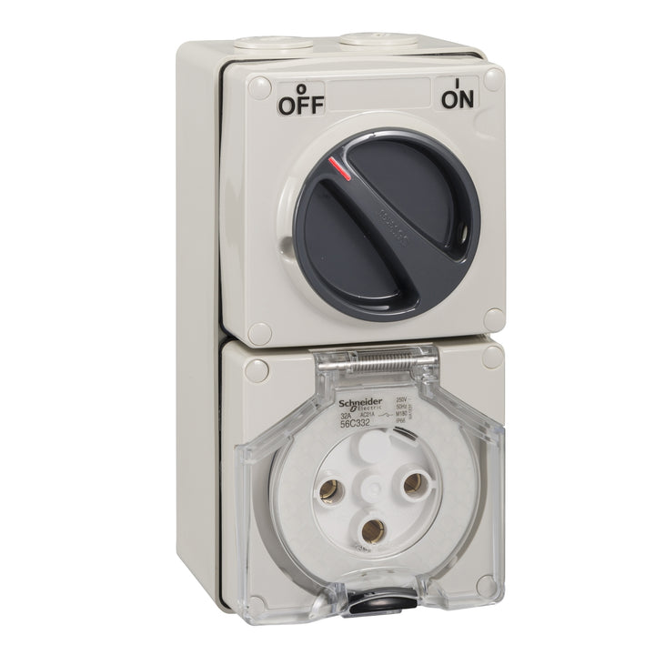 Schneider Electric WPS Switch Socket, 32A, 250V, 3-Phase, 3-Pole, Round Pin, IP66 - S56C332GY